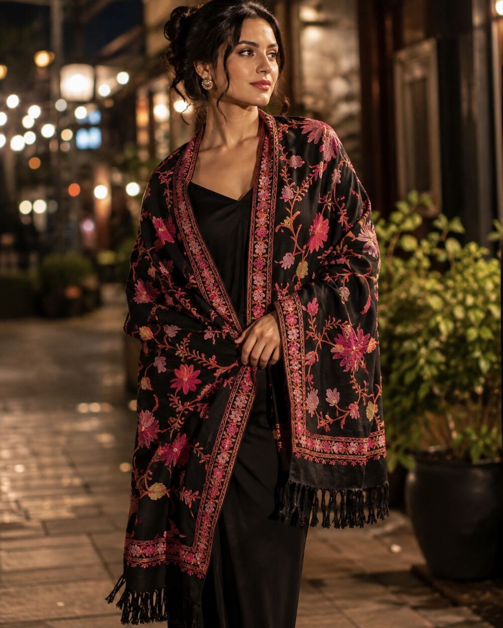 Kashmir Wool Shawl Wrap Throw Black, Multicolor Embroidery